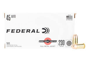 Federal American Eagle .45 ACP 230gr full metal jacket ammo features a lead core and brass casing